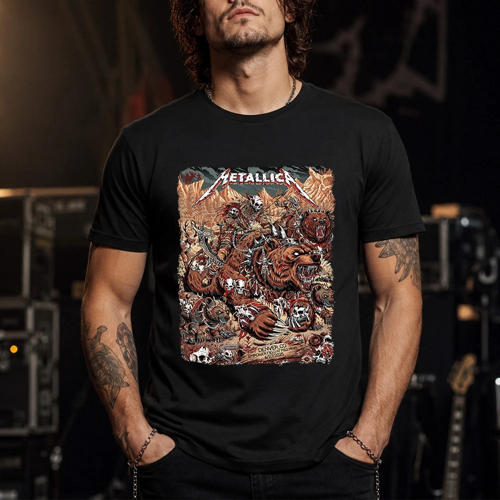 Metallica M72 World Tour June 27 2025 Empower Field At Mile High Denver Colorado United States T-shirt by Juan Ma Orozco featuring skull-faced warriors riding armored bears, skulls, bones, mountain scenery and Denver event text.